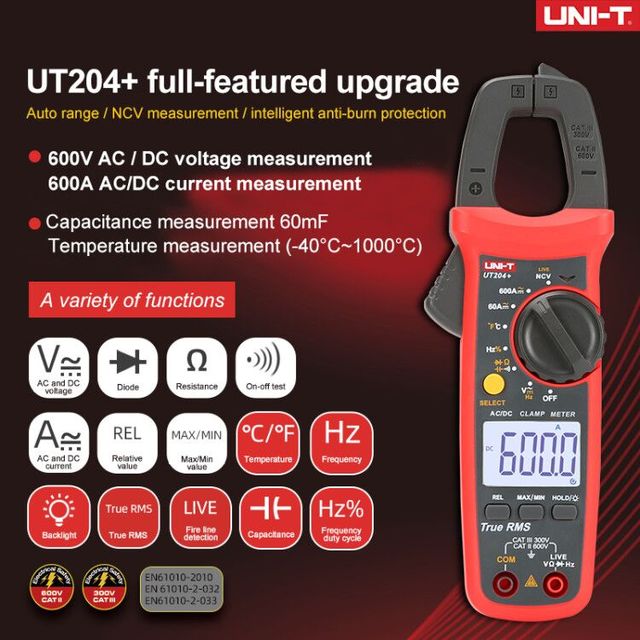UT204+ Digital Clamp Meter AC/DC Current Tester True RMS Auto Range