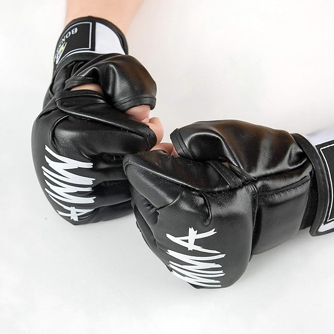 AQEEL-STORE MMA Gloves, Half-Finger Boxing Fight Gloves MMA Mitts with Adjustable Wrist Band UFC Gloves for Sanda Sparring Punching Bag Training (Black)