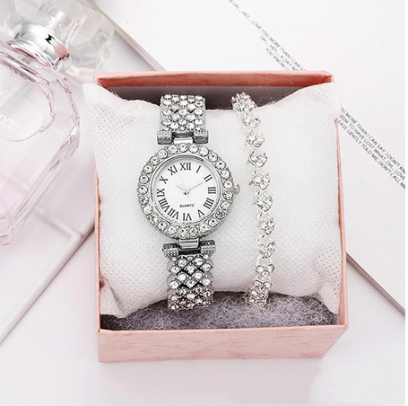 Luxury Rhinestone Women’s Watch Set – Round Dial with Stainless Steel Crystal Chain Strap & Bracelet (2 PCS Gift Set)