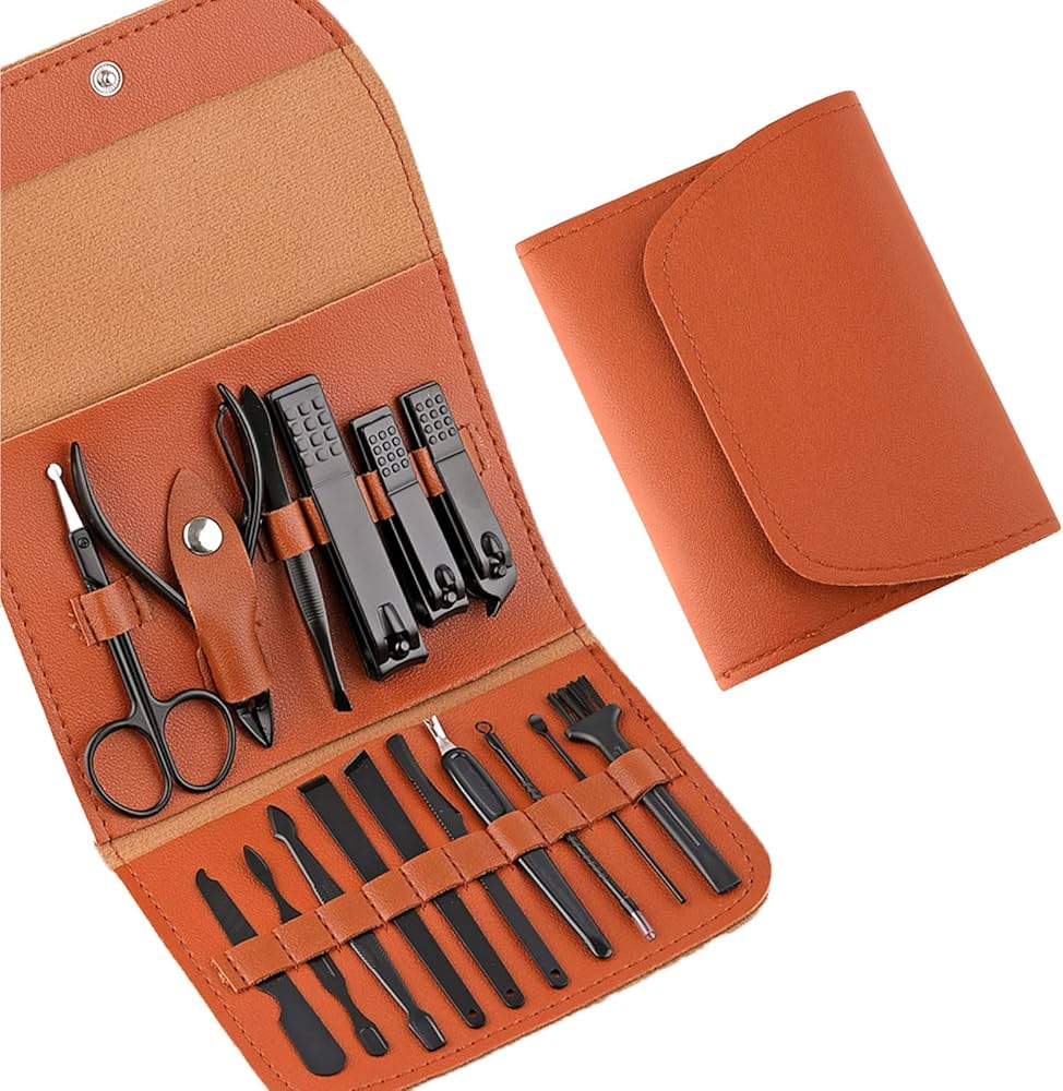 16 PCS Manicure Pedicure Set Stainless Steel Nail Cutter Kit with Leather Case | Professional Nail Clipper Grooming Kit for Men Women | Portable Nail Care Cuticle Trimmer Set
