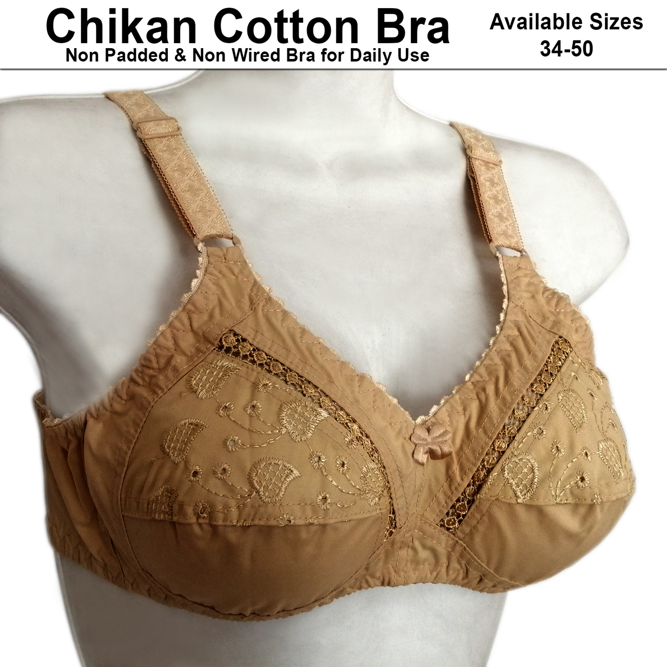 Best Quality Non Padded Bras for Women with Chikan Embroidery Casual Bras  for Girls Inner Wear Ladies Brassiere for B and C Cups Comfortable Brazzer  in Beige 34 to 50 Size Bra