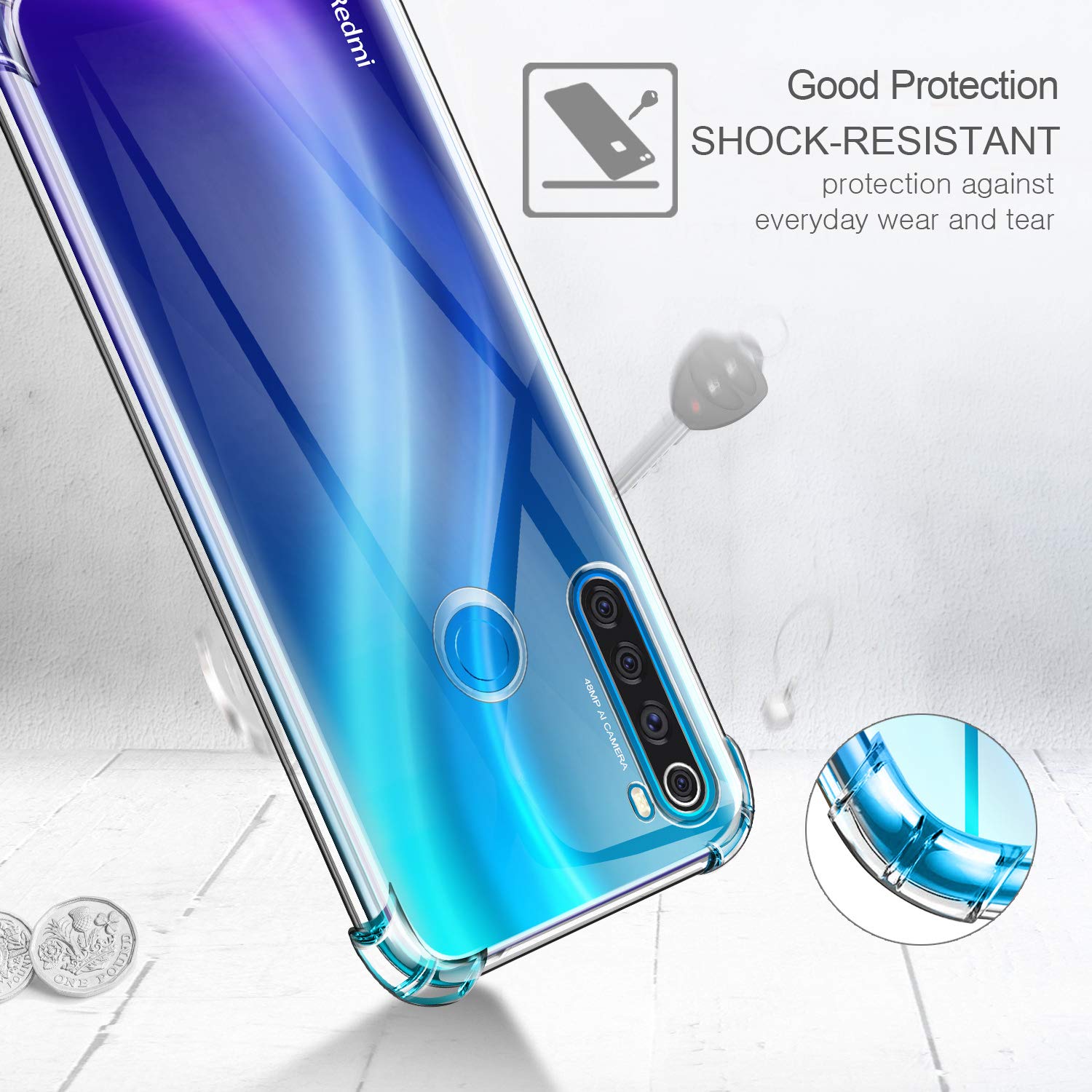 Xiaomi Redmi Note 8 Soft TPU Transparent Case, Shockproof Back Cover with Camera Protection, Slim Design