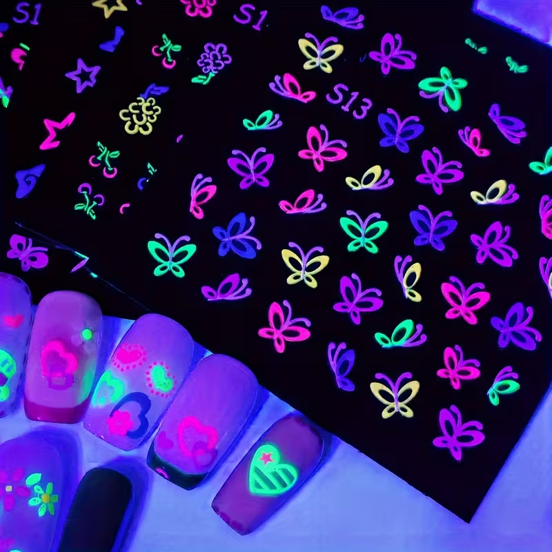 5 Sheets Glow-in-the-Dark 3D Nail Stickers  Self-Adhesive Neon Nail Art Decals  Butterfly, Heart, Flower  Shiny, Long-Lasting