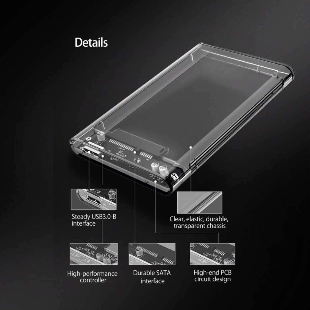 Speed-X HD-2025U3 2.5-Inch External Hard Drive Enclosure with USB 3.0 Interface, Transparent Crystal Case for SATA HDD