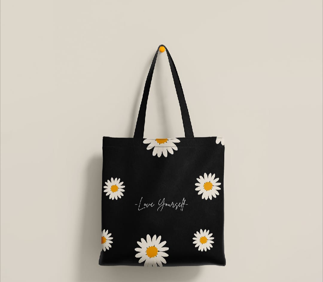 Floral Printed Black Canvas Tote for Her