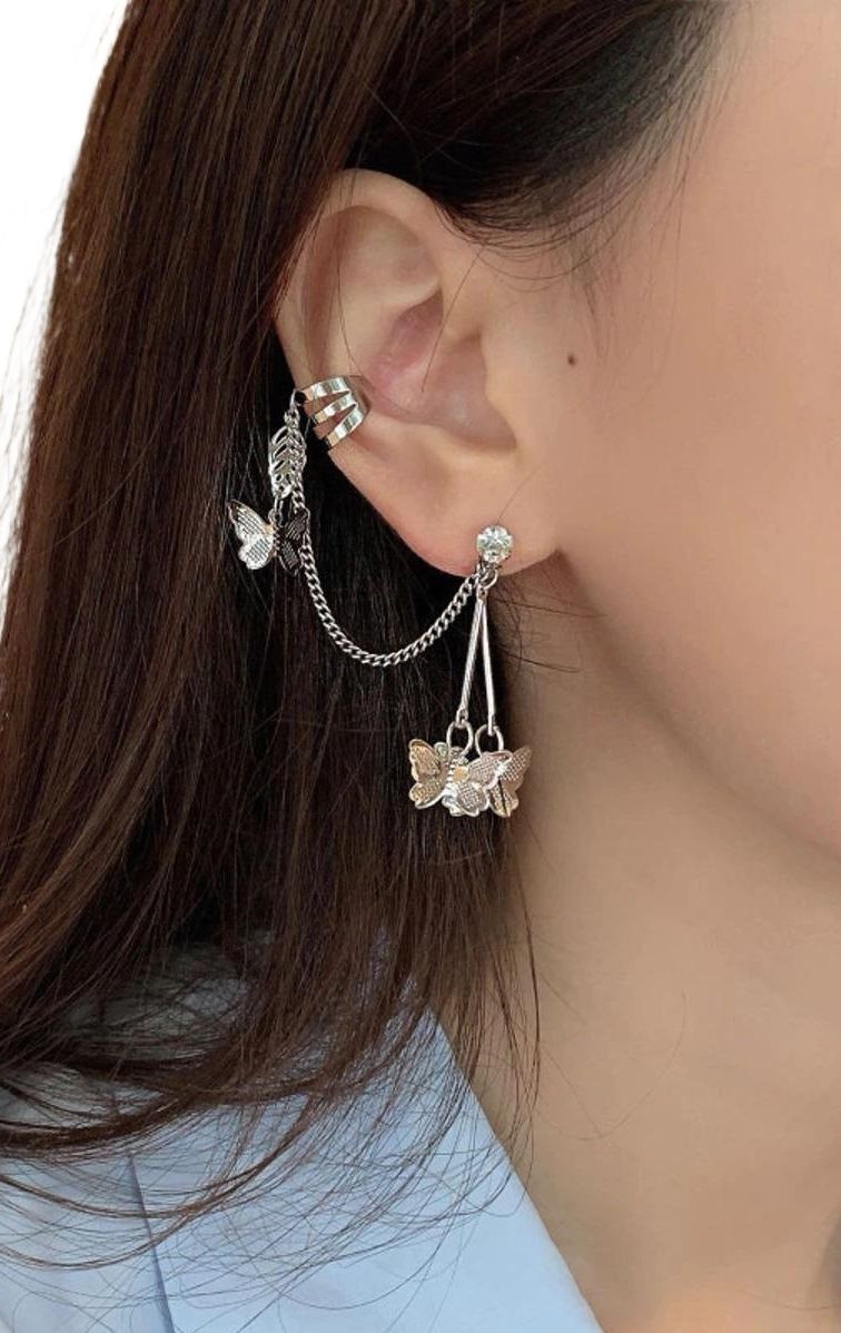 Pair Of Silver Korean Jewellery Ear Cuff Earrings Butterfly Silver Never Fade Chain New Stylish Earings Jewellery For Girls