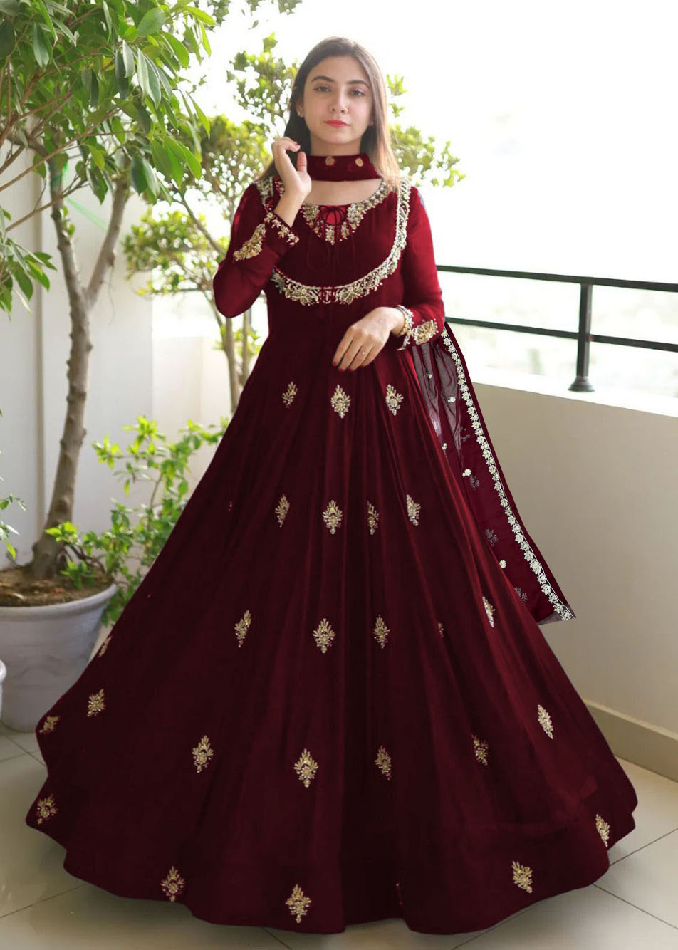 maroon chiffon dress pakistani Floor-length embroidered sheer dupatta for festivals