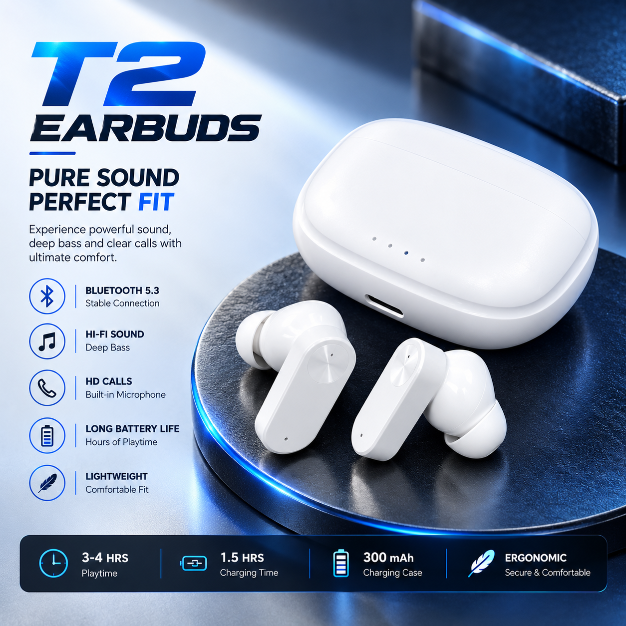 M19 TWS (True Wireless Stereo) Bluetooth Handsfree Earphones Headset With HiFi Stereo Sound & Touch Control System (Connected With All Bluetooth Devices).
