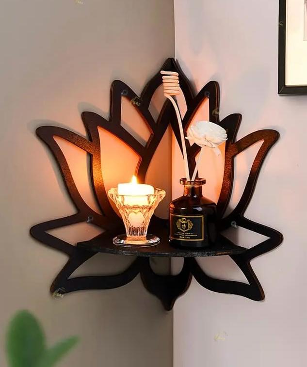 Lotus Shaped Wall Shelf, Latest Wooden Wall Shelf, Trending Corner Shelf, Wall Decoration Items   Room Decoration Items for Plants, Home Decoration Candle Stand Decorating Items |Candle Holders | Wall Decor | Trending Wall Decor | Wall Shelf
