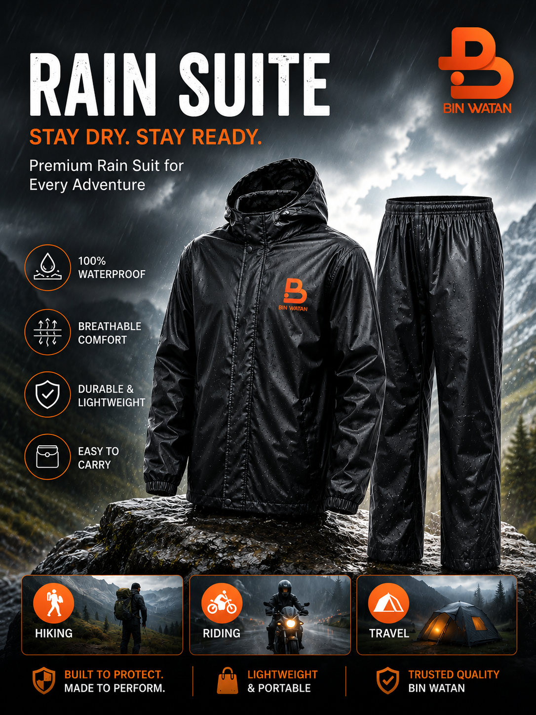 Rain Suit / LITE WATER PROOF / Rainsuit / Rain Cote With Trouser / Rain Coat With Cap For Men And Women| Pakistan’s #1 Best-Selling 2-Piece Hooded Rain Jacket & Trouser Set – from bin watan store