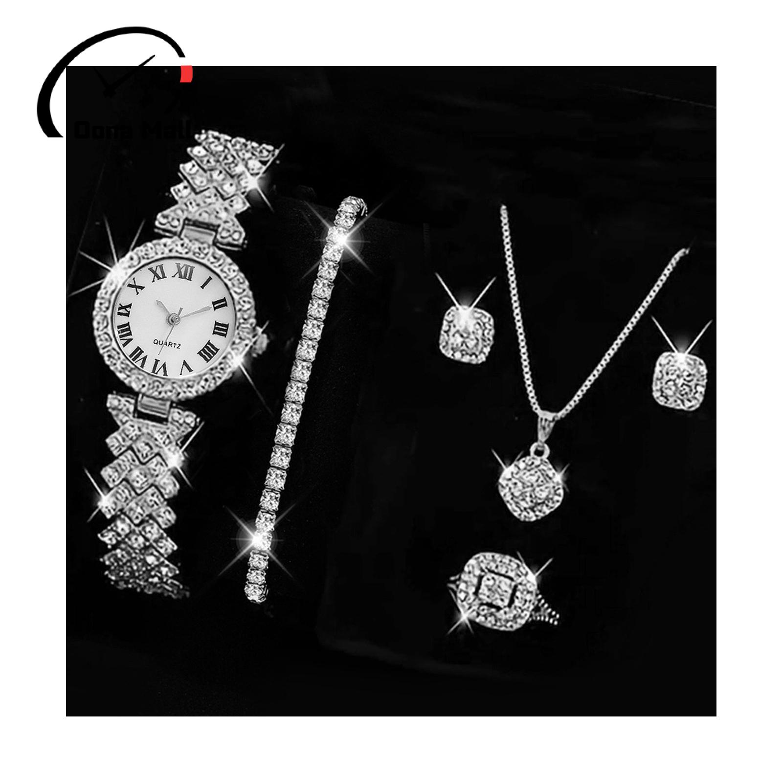 Fashion Creative Diamond Full Diamond Round Watch Pearl Bracelet Earring Necklace