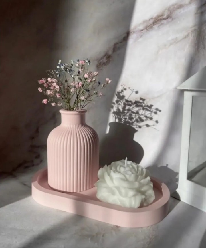 Set of 3 Mini Flower Vase Oval Tray & Peony Rose Candle Is Best for Home Decor, Modern Minimalist Home Decorative Set