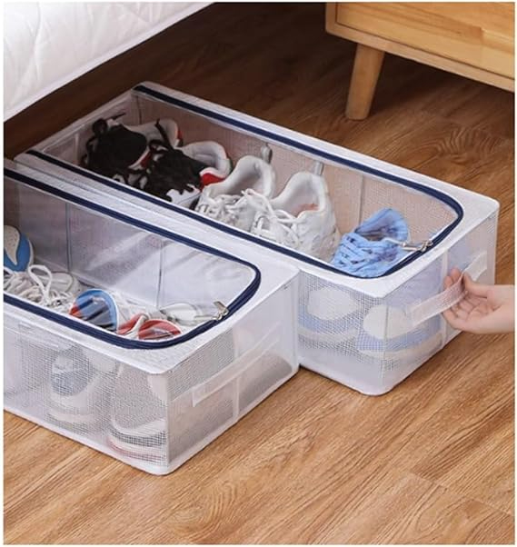 Under Bed Shoe Storage Box with Steel Frame | Large Foldable Transparent Shoe Organizer for Men & Women | Dustproof Shoe Bag with Handle – Closet Space Saver (60x30x15cm) - Home Organizer's