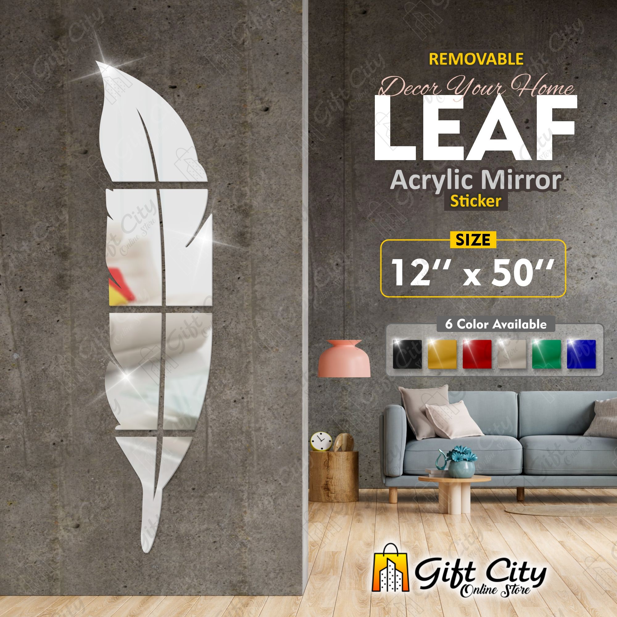 Gift City Presents Silver 3D Leaf Mirror Wall Decor Stickers DIY Self