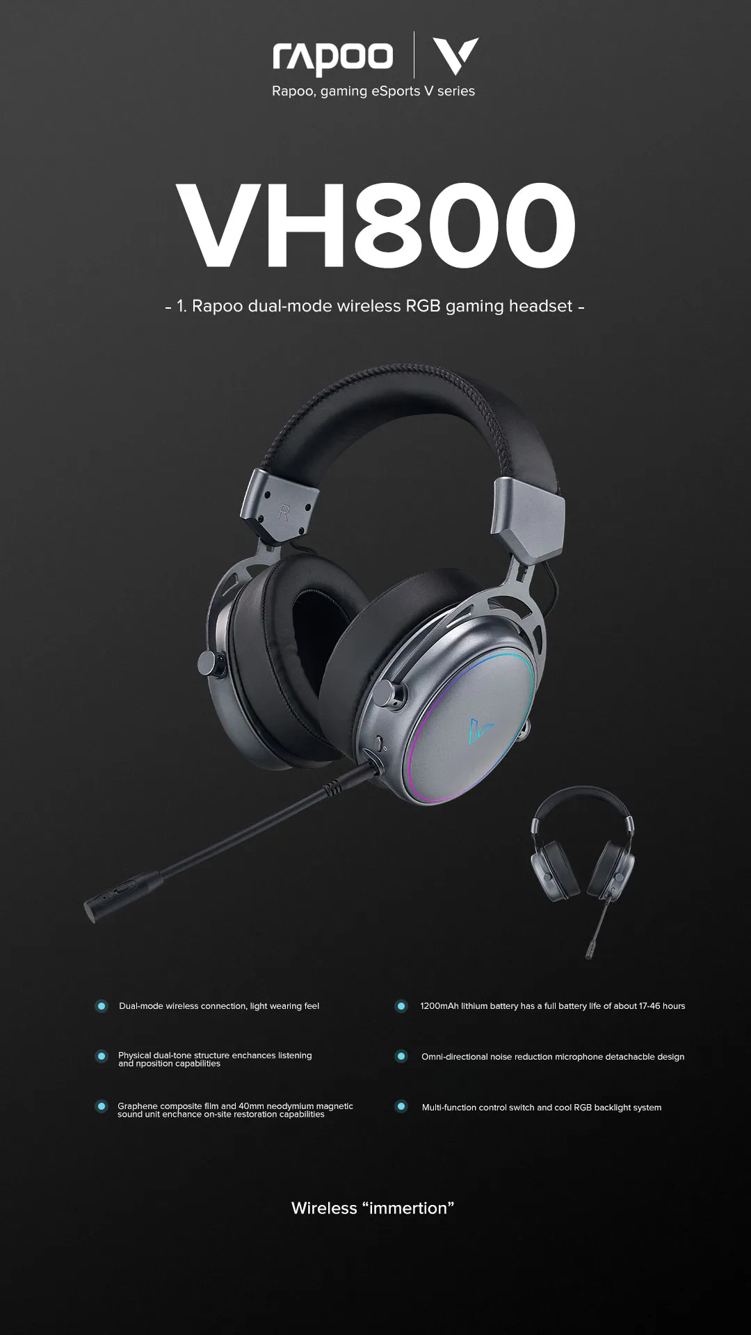 RAPOO VH800 Dual-Mode Wireless RGB Gaming Headset Black BT 5.2 & 2.4G Support Detachable Noise Reduction Microphone Up to 46 hours 14 7ce34ca29d0066049fd5643348551185