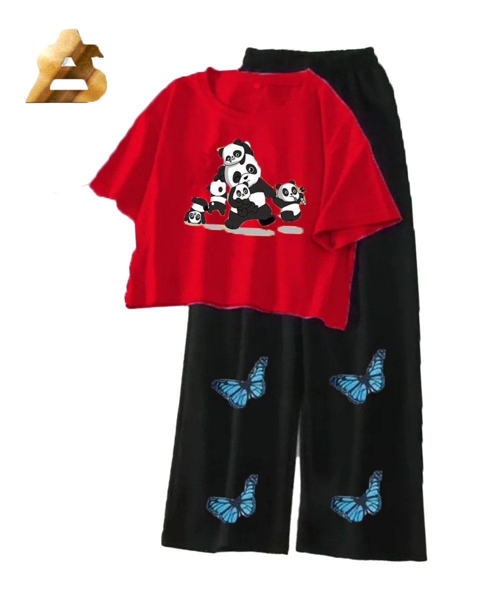 ALISAVER -Chic Panda & Butterfly Print Lounge Set with Short Sleeve Tunic and Flared Pants for Women