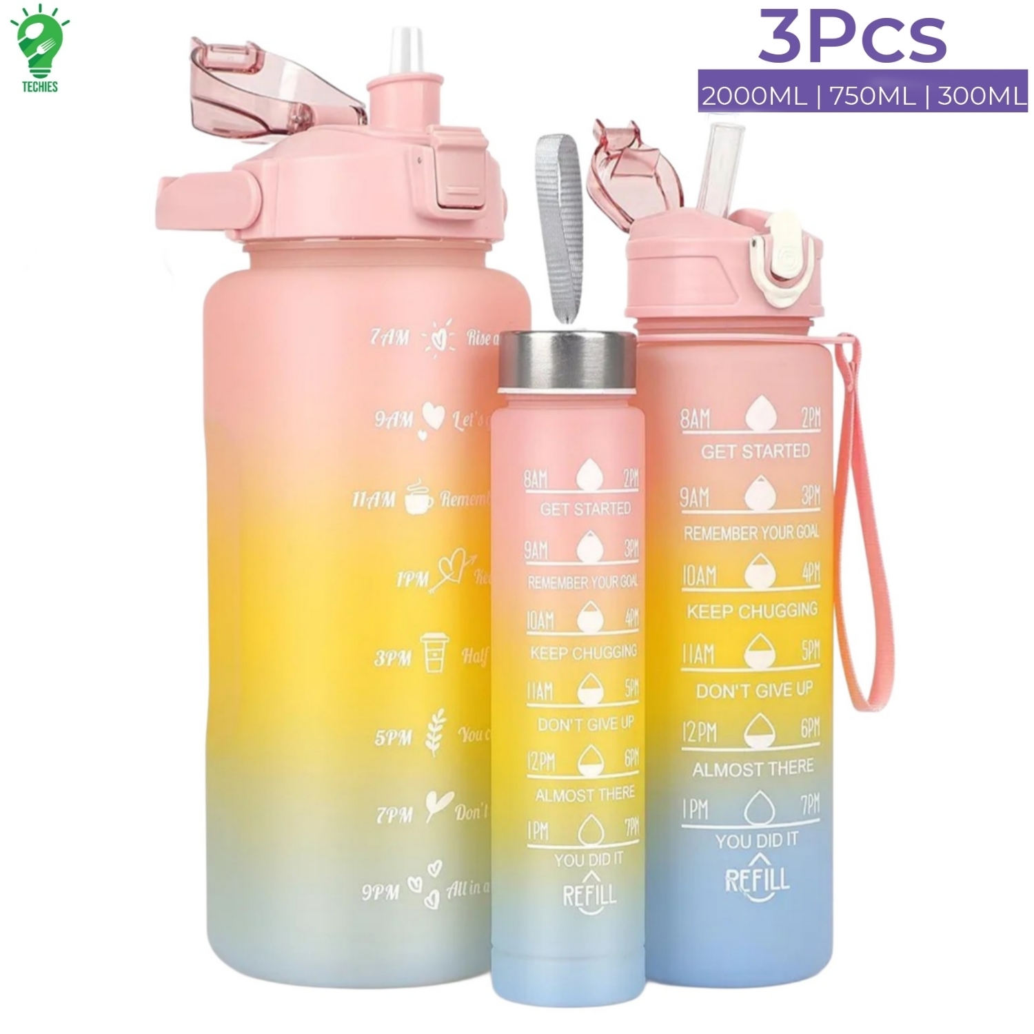 3pcs | 2pcs Motivational Water Bottle With Straw | 2L Gradient Color Drinking Water Bottle