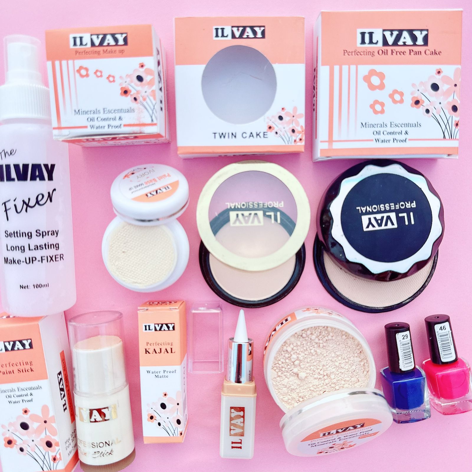 12PCS Bridal Makeup Deal - Makeup Fixer - Foundation Stick - Compact Powder - Loose Powder - Pan Cake - Kajal - 2Pcs Nail Polish - 3Pcs Sponge
