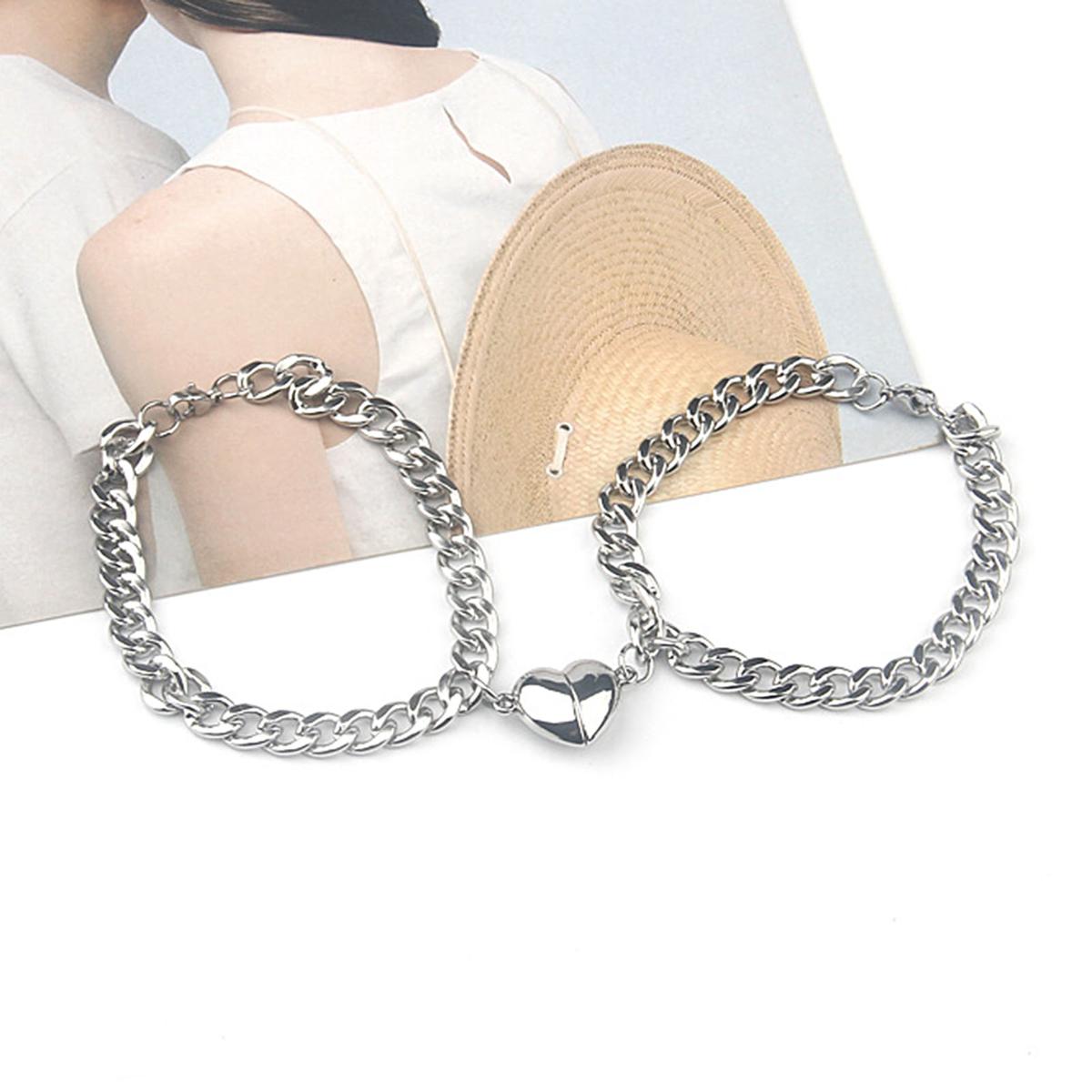 Pair Heart Magnet Couple Bracelet for Women Men Fashion Charm Jewelry Stainless Steel Cuba Chain Bracelet Lover Gift