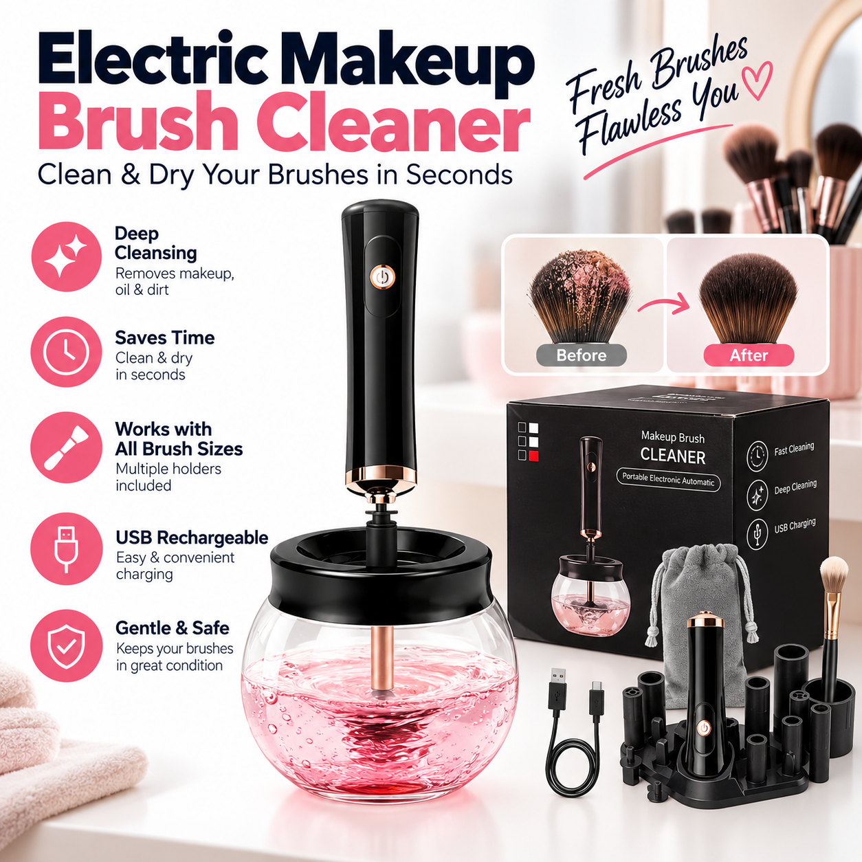 Electric Makeup Brush Cleaner & Dryer – Automatic, Portable, Hygienic Brush Cleaning Machine Portable Cosmetic Brush Cleaner Tools for 8 Different Sizes Beauty Makeup Brushes - Fast Cleaning and drying machine  (Black)