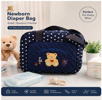 Diaper Bag for Moms & Dads | Premium Quilted Teddy Bear Embroidered Baby Travel Tote | Multi-Functional Nappy Organizer with Bottle Pockets & Storage Compartments