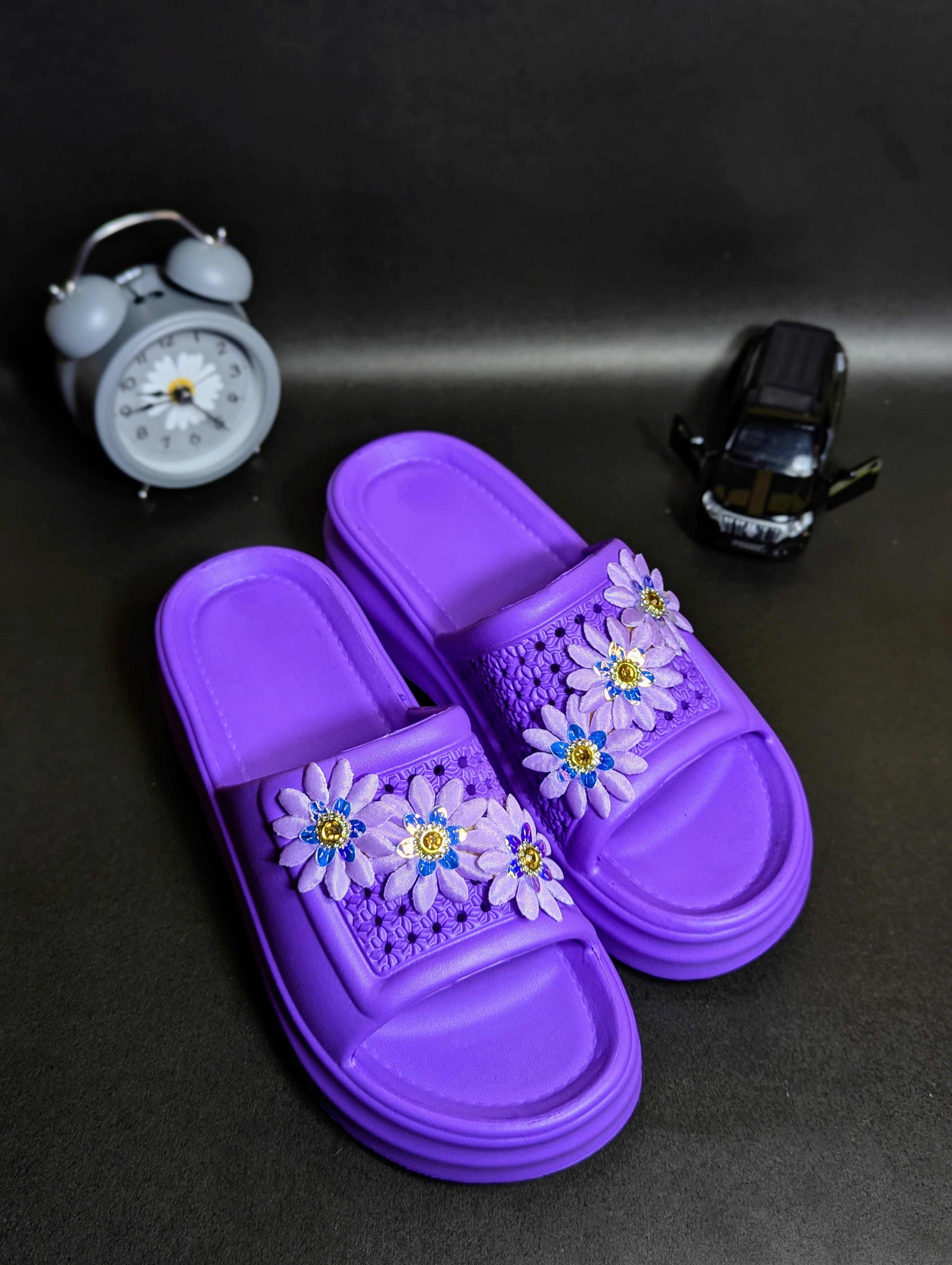 Women's Purple Floral Slide Slippers – Soft, Stylish & Comfortable – Casual Summer Indoor/Outdoor Footwear – Size 6 to 9 UK