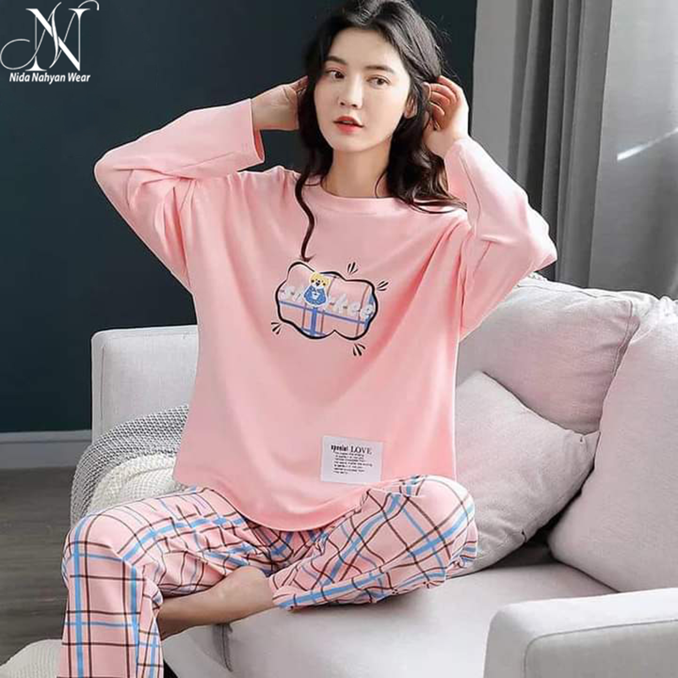 Women’s & Girl's Full Sleeves & Night dress– Soft Cotton Pajama Set for Winter  Nighwear– Cute Printed Top Tee Tshirt longwear Pj set Relaxed Fit Loungewear – Pink Color – Comfortable Home Wear"