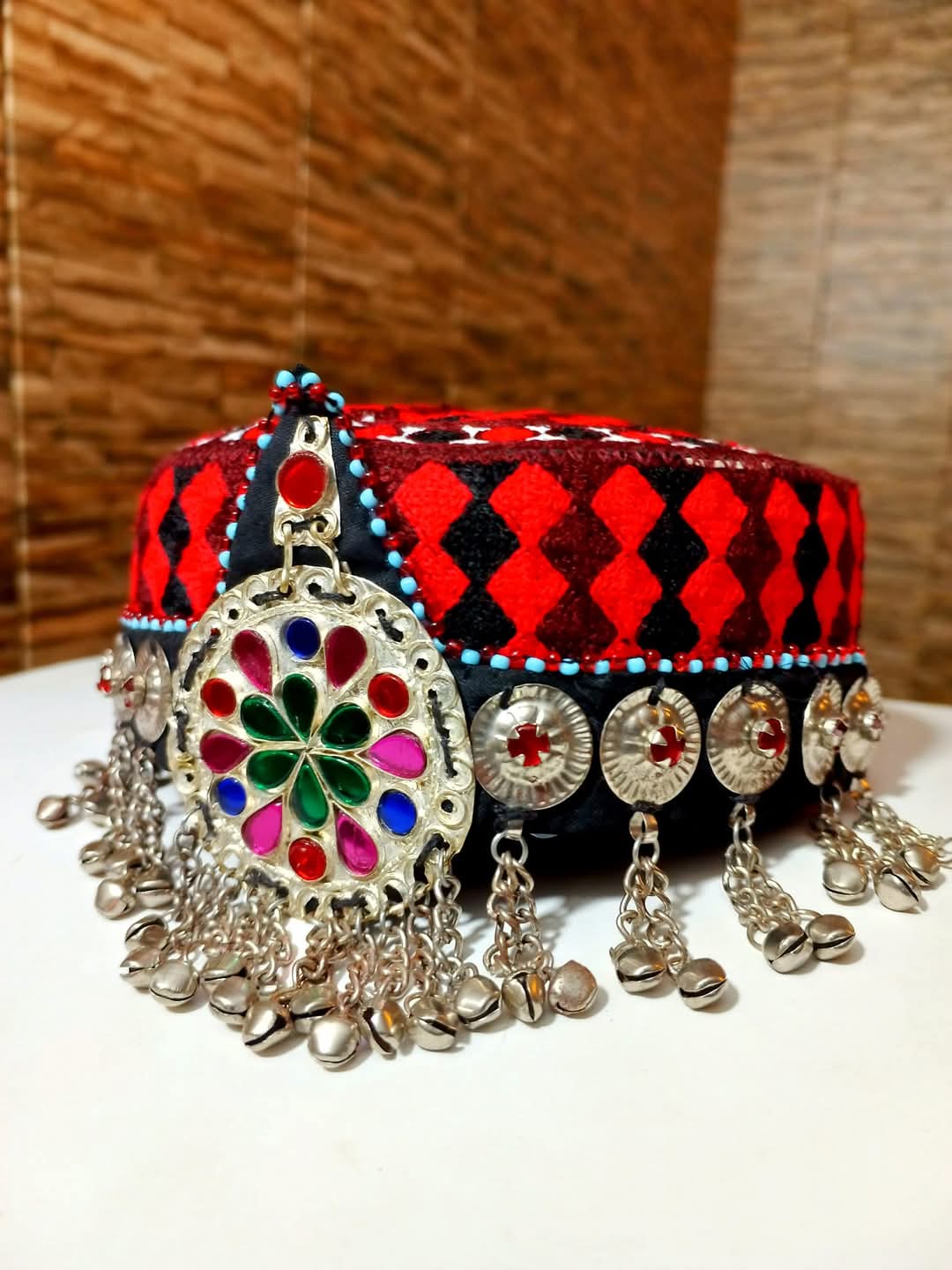 Afghan hats &caps Matha Patti With Cap, fashion girls accessories hats caps Hair jewelry, Tribal Patti With Knitted Caps Afghani Cultural Taqiyah Caps with Pendant girls caps and hats