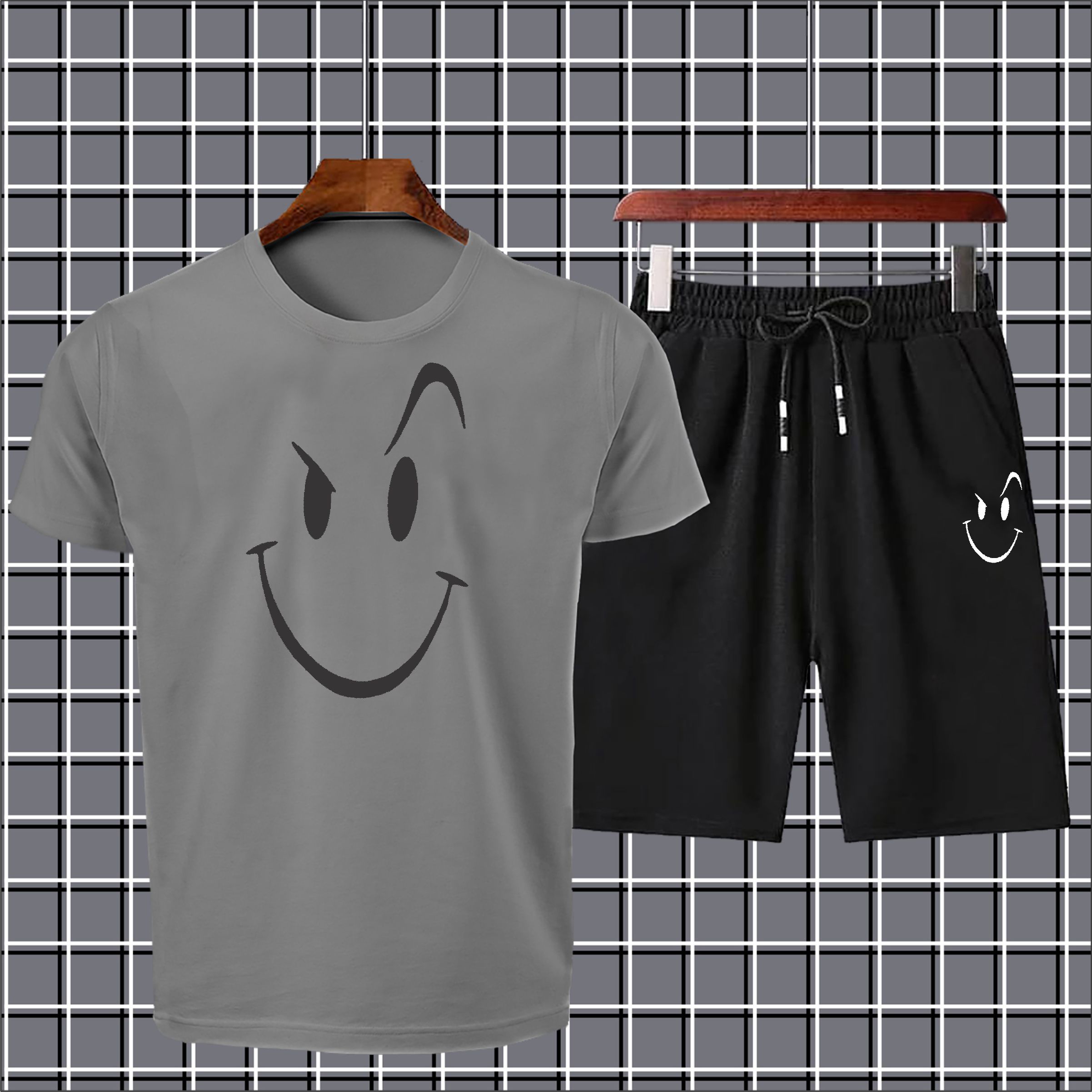 grey new smile printed summer short tracksuit for men soft & comfortable tracksuit