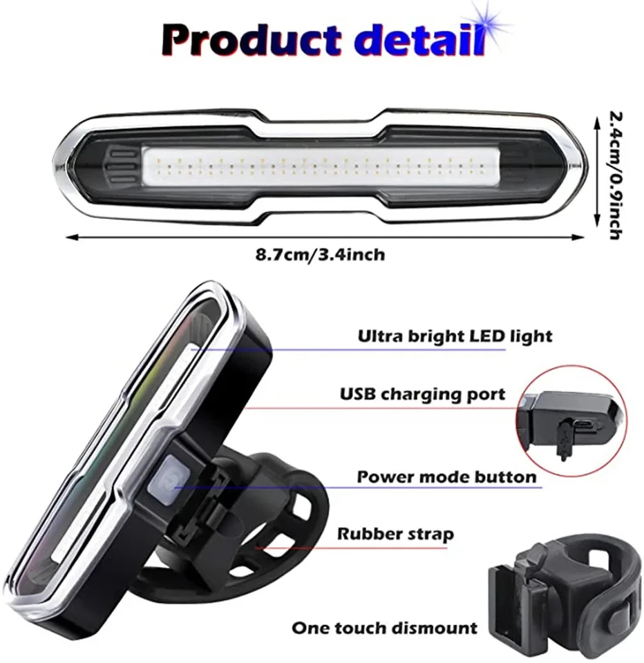 Ultra-Bright Smart Bike Tail Light with USB Rechargeable LED Cycling Safety Rear Lamp for Mountain Bikes - Red/Blue/White