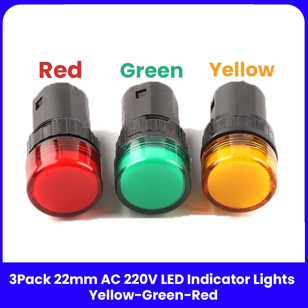 Pack of 3 Yellow Green Red 22mm LED Pilot Panel Indicator Light Panel