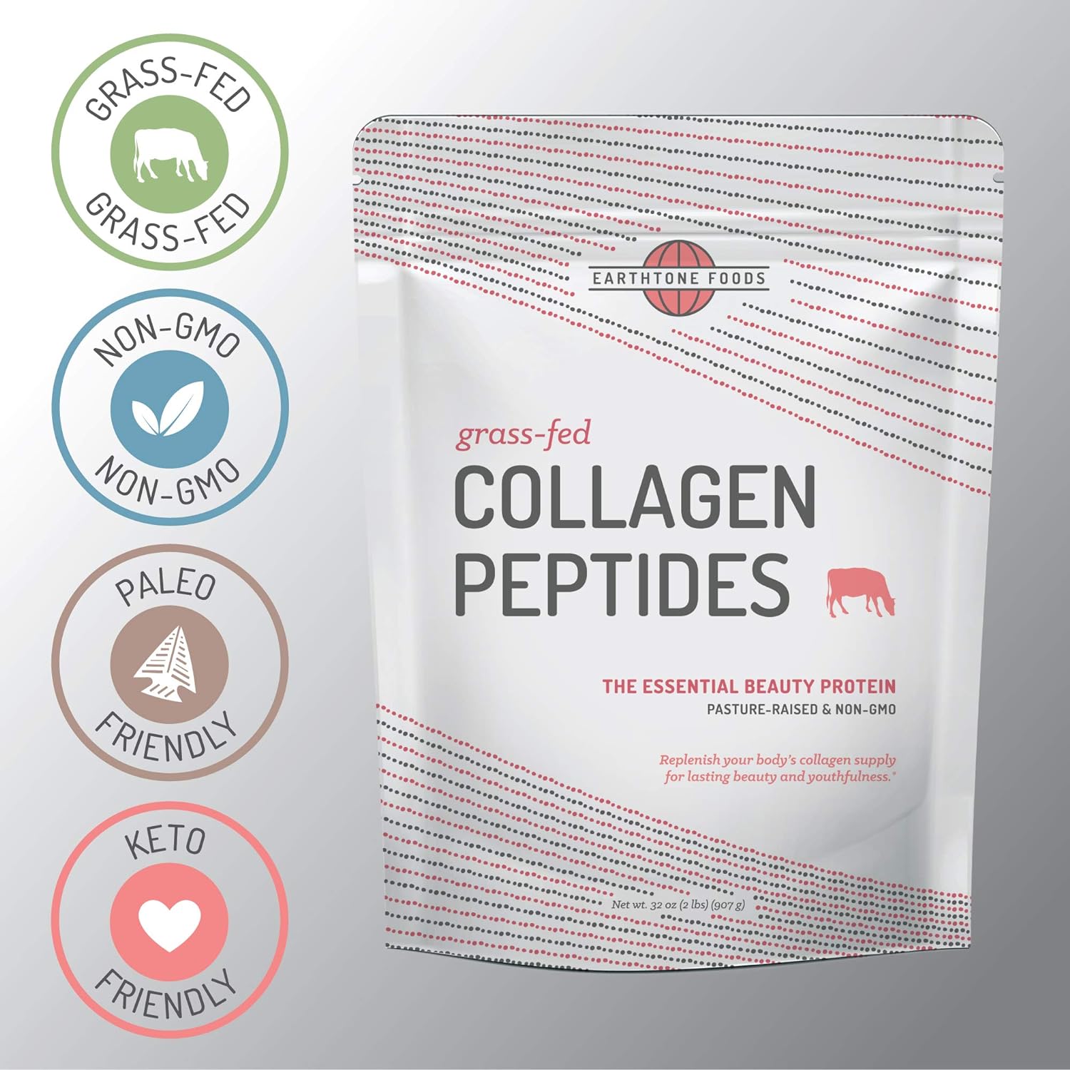EARTHTONE Collagen Peptides Powder | Paleo-Friendly Hydrolyzed Grass-Fed Non-GMO Protein, 16 oz 454gm