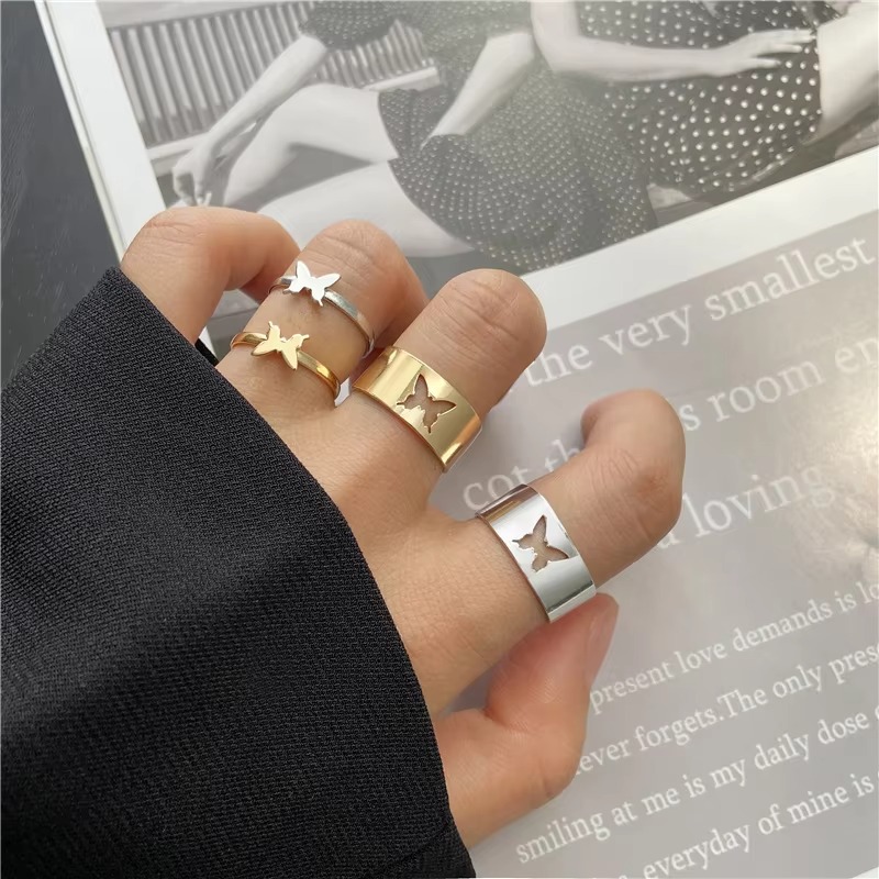 2 Pcs Adjustable Butterfly Couple Rings Set Golden Open Engagement Ring for Girls Boys