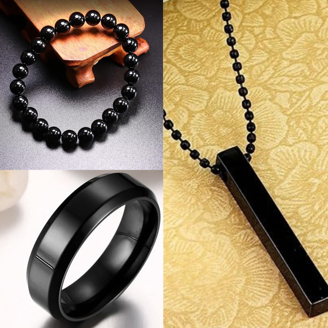 Pack of 3 Combo Stick Bar Locket , Black Challa and Black Bead Bracelet | High Expensive Quality For Men & Women Stainless Steel Bar Stick Pendant Ball Chain Necklace Jewellery