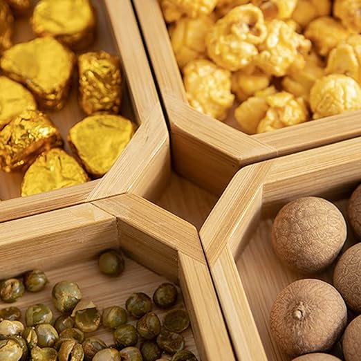 4 Compartments Bamboo Wooden Divided Serving Tray With Lid