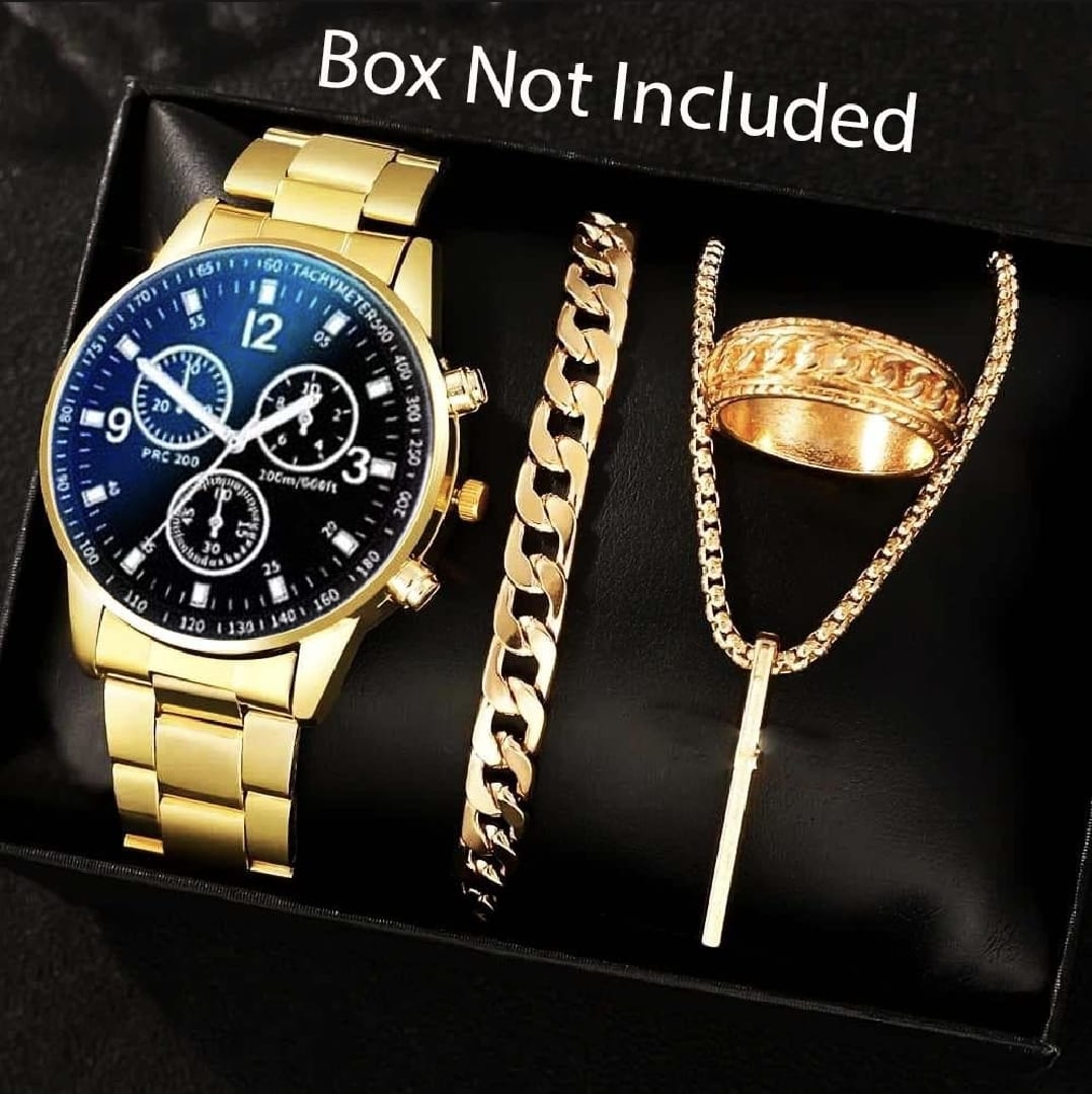 Latest Design Golden 2025 Watch Gold Men Blue Business Watches + Bracelet + Cuban Chain Bracelet +3D Bar Locket  With Chain+Ring -High Quality In Random Dial watch Design With Stainless Steel Strap + Bracelet Chain + Necklace + Ring For Boys Men