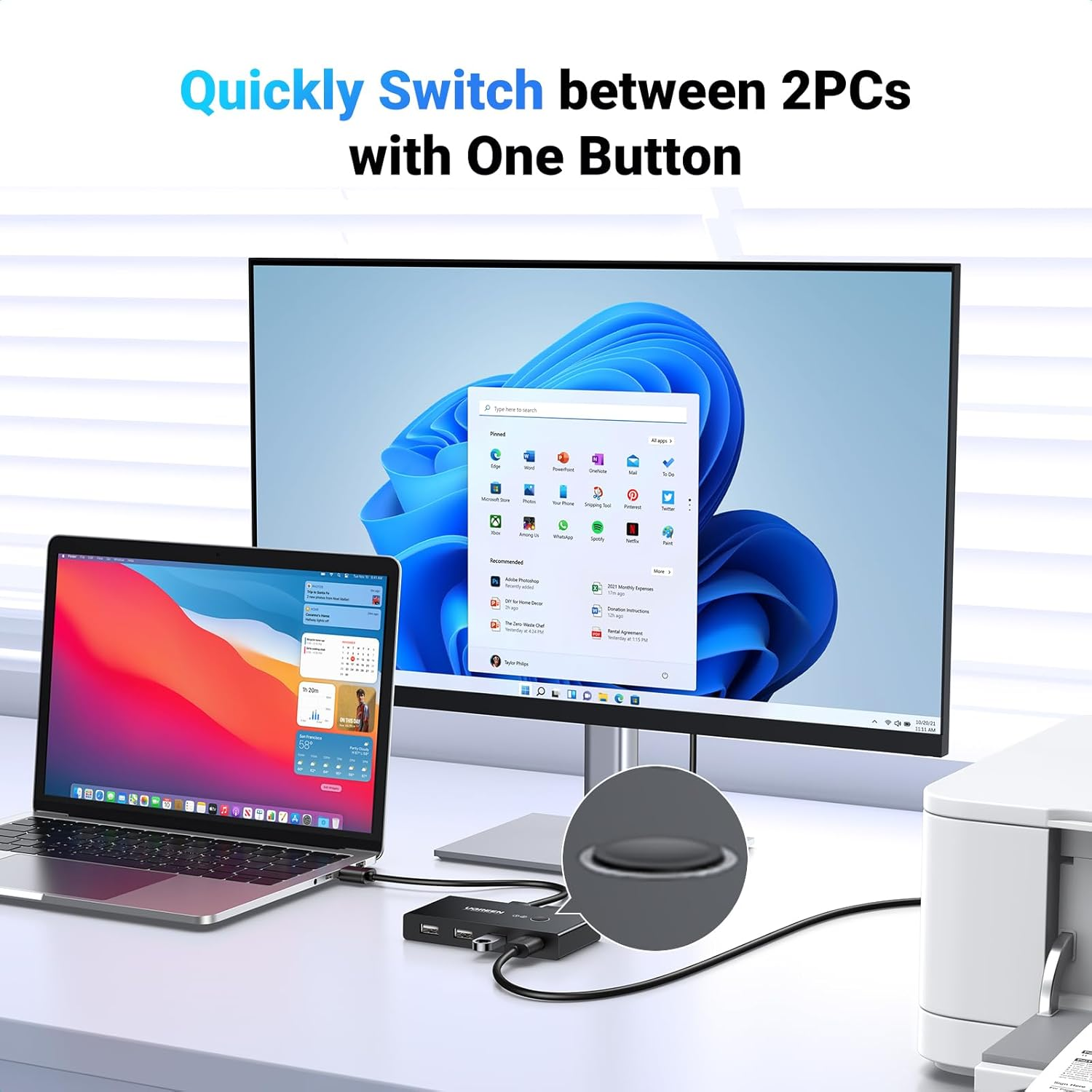UGREEN USB Switch Selector 2 Computers Sharing 4 USB Devices USB 2.0 Peripheral Switcher Box Hub for Mouse Keyboard Scanner Printer PCs with One-Button Swapping and 2 Pack USB A to A Cable | UGREEN US216 USB 2.0 Switch 2 In 4Output USB KVM Switch 30767
