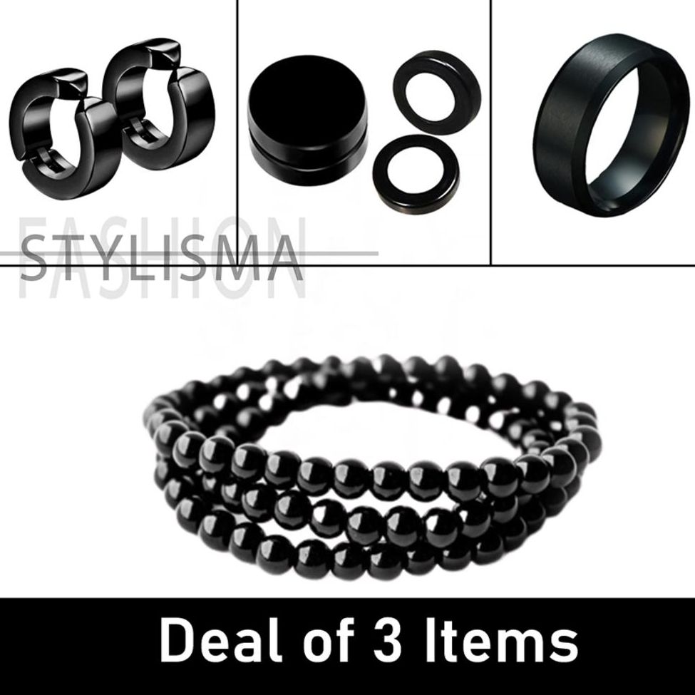 Deal of 3 items with Black Beads Bracelet, Black Clip Tops, Black Magnetic Tops and Black Punk Ring For Boys | A complete combo edition for Biker and Cool Boys