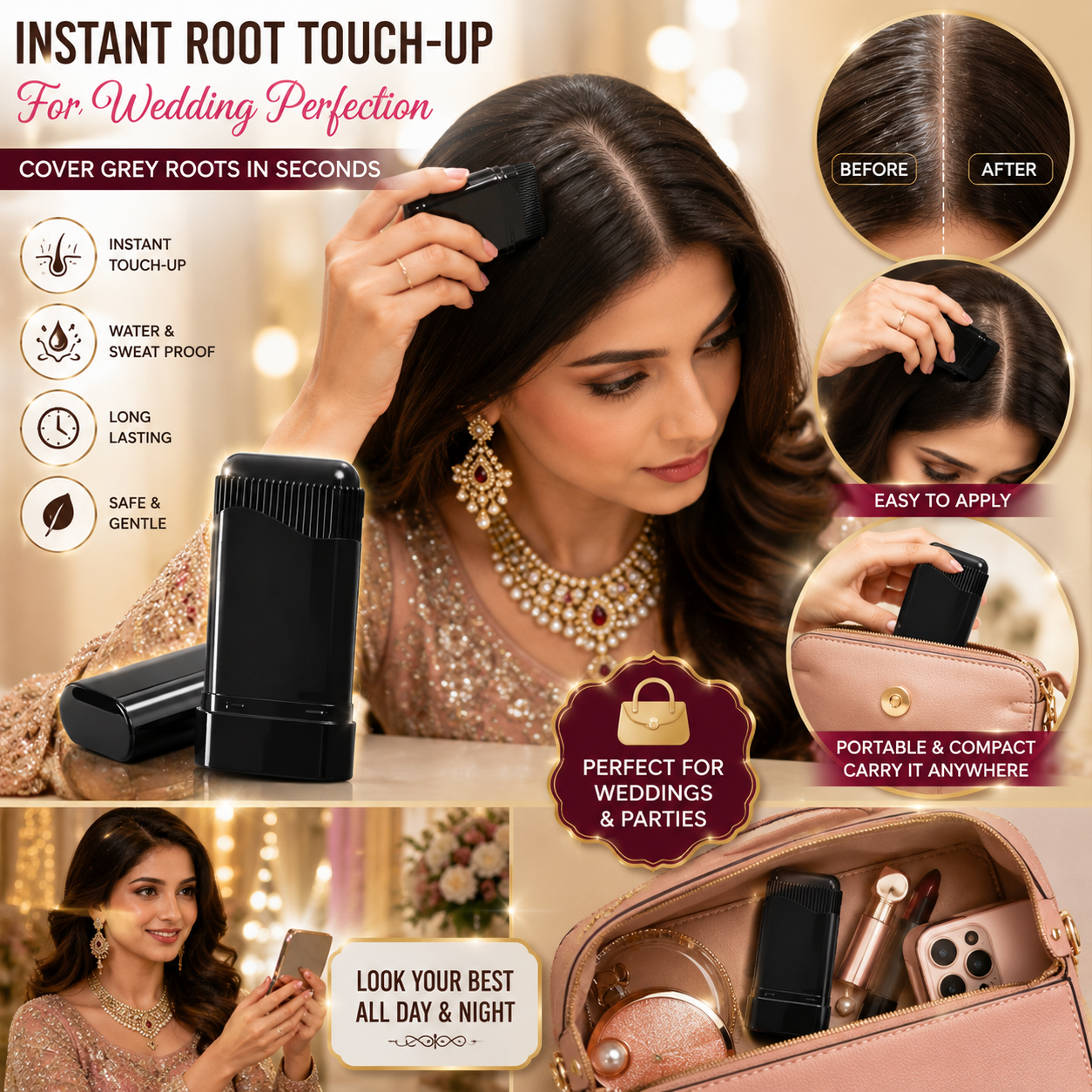 Waterproof Hair Coloring Comb – Instant Grey Root Cover Wand, Safe & Sweat Proof, Black & Brown