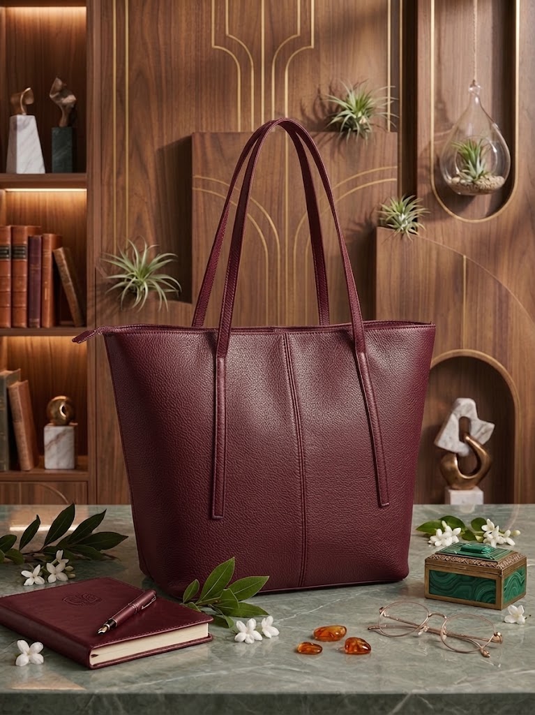 Premium Quality Faux Leather Maroon Tote Bag For Women | Stylish Daily Use Handbag With Zipper Closure & Spacious Compartment