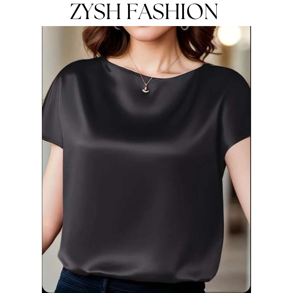 Zysh Fashion Elegant Short Sleeve Silk Blouse with Round Neck in Assorted Colors