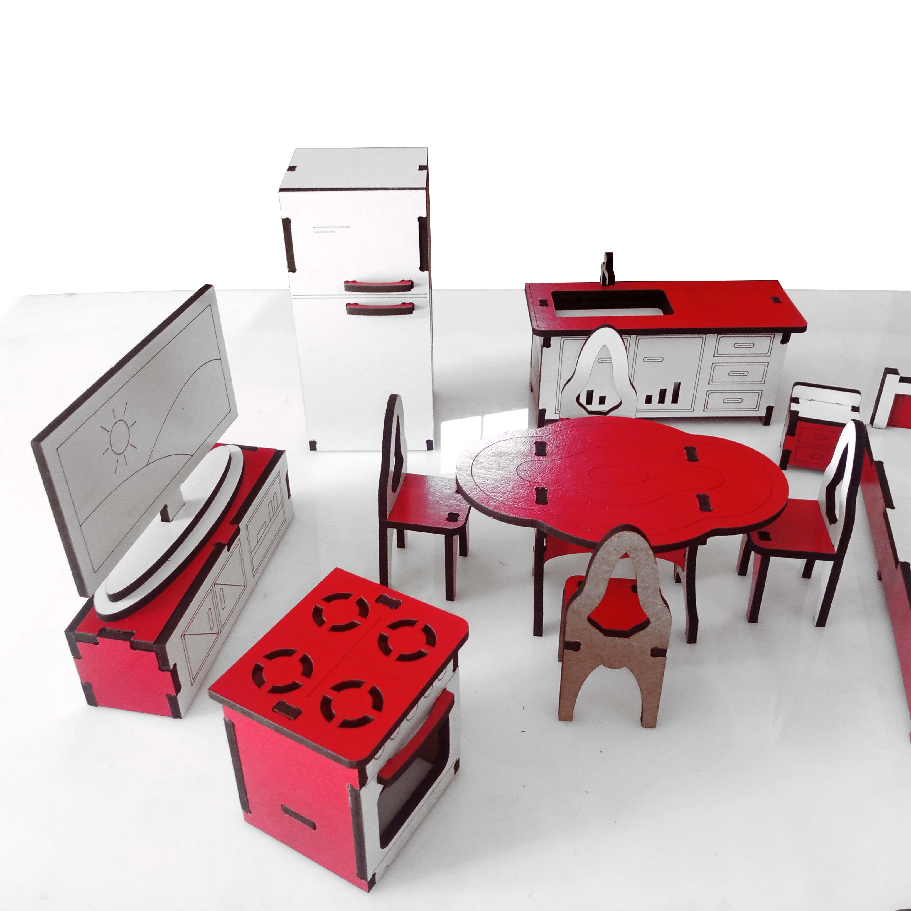 Kids' Playtime Doll house Furniture Set - 24-Piece Wooden Miniature Kitchen & Dining Room with Accessories, Unisex, 3-7 Years
