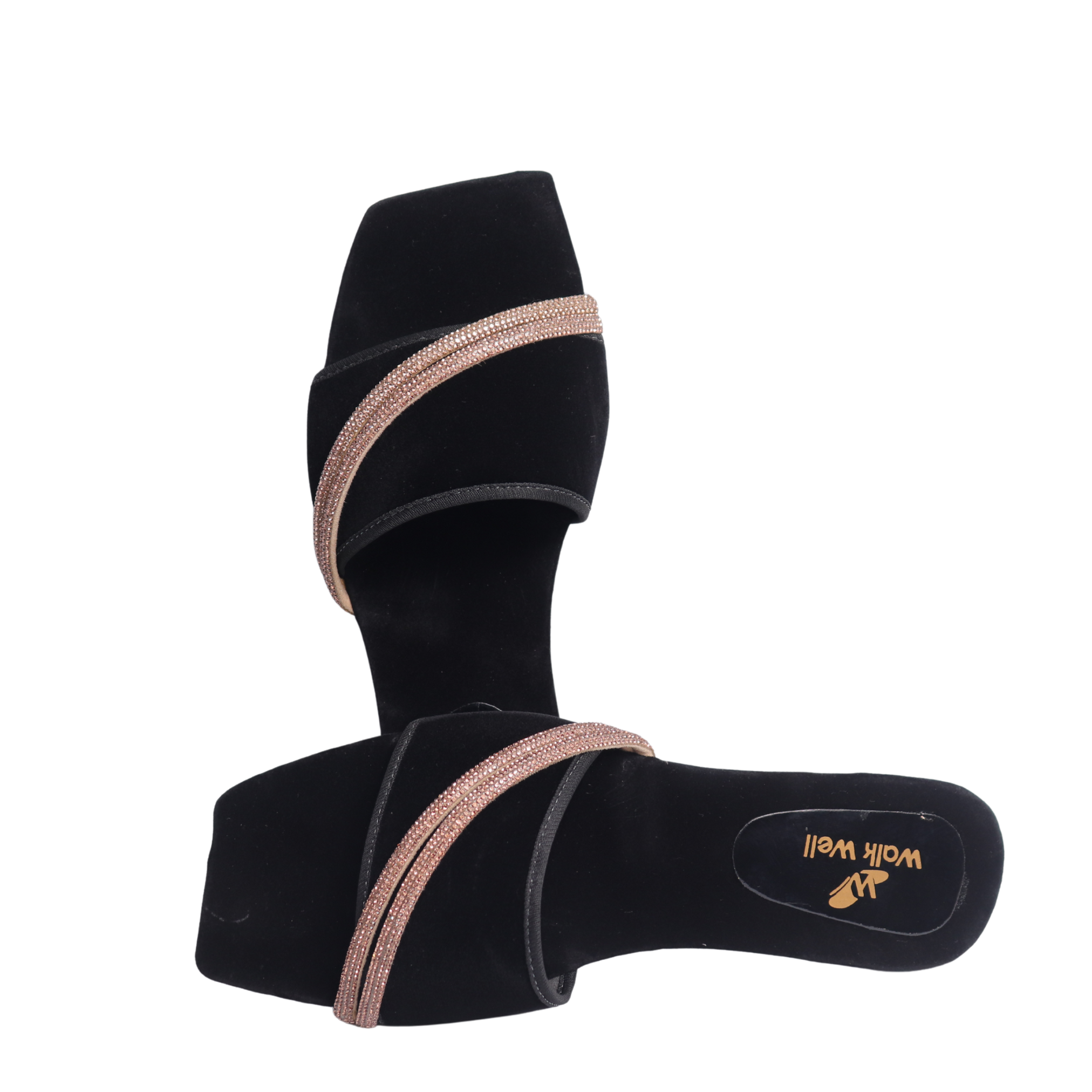 Women's Velvet Slippers Stylish Black Flats with Front Chain Lining Trendy Softy Flip Flops Comfortable Casual & Party Wear