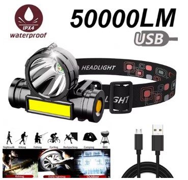 Long Range High Power LED Headlamp Built-in Battery T6+COB USB Rechargeable Waterproof Head Torch