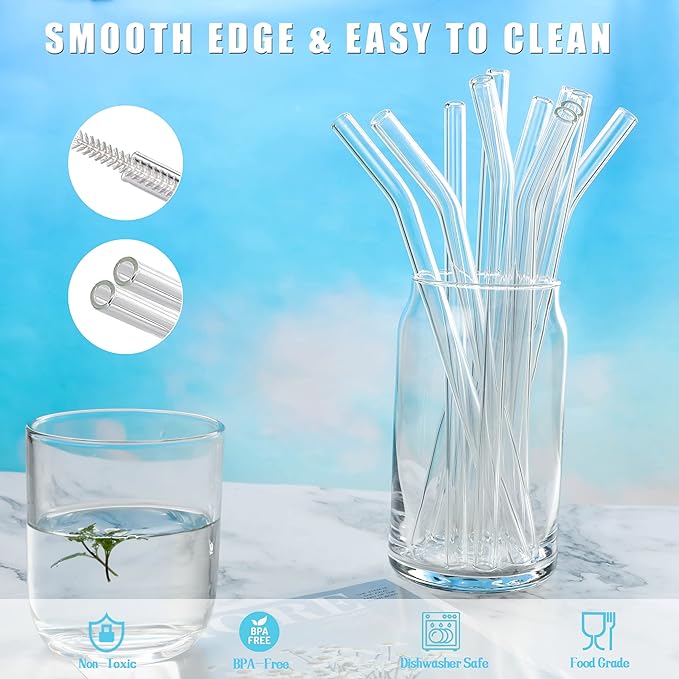 Set of 6 - Reusable Glass Straws With Cleaning Brush, Glass Drinking Straws - Clear Glass Straws Reusable