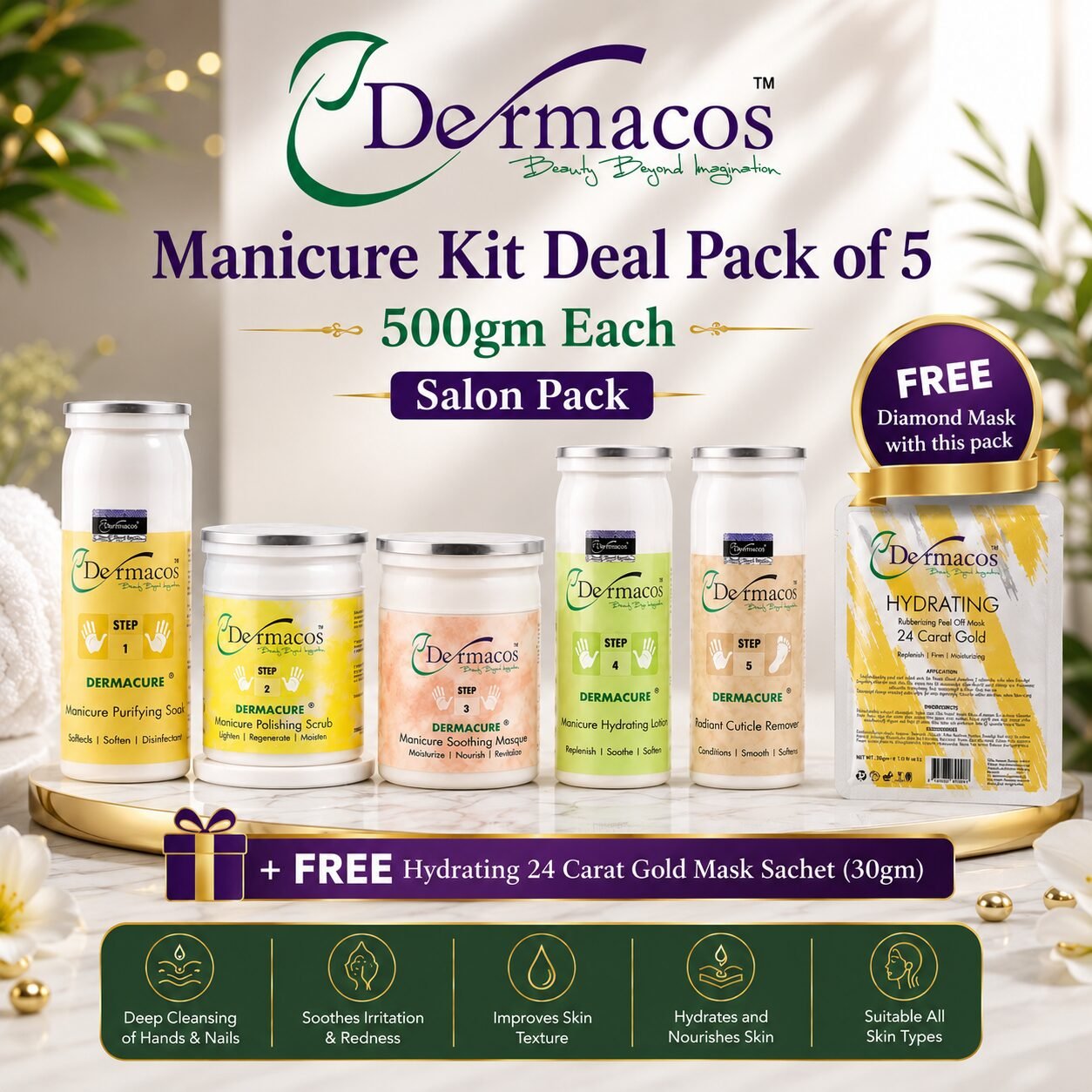 Manicure Kit (500ml Each) Salon Pack Pack of 5 + Gold Mask | Multi-Step Facial Care | 500ml each, Pack of 5 + Gold Mask