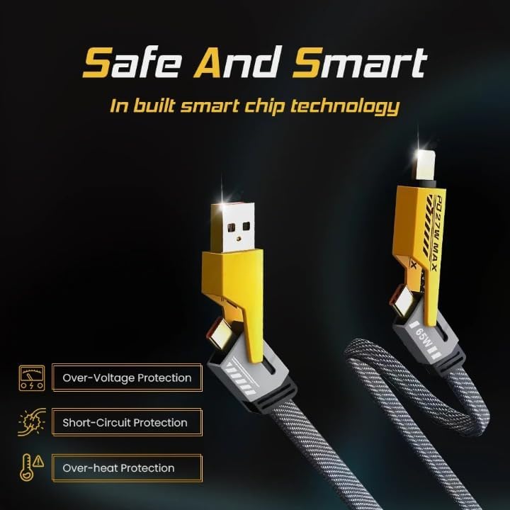 4 in 1 USB C Fast Charging Cable with 60W PD, Data Transfer, Type C, Micro USB and IOS Light-ning Compatibility, 1 Meter