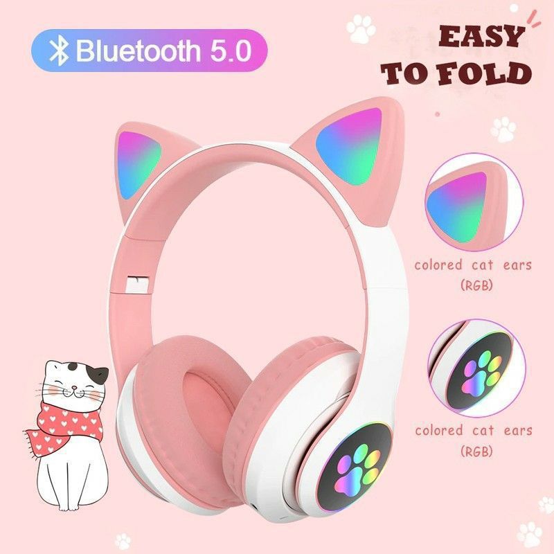 Cat Headphone / P47 Ear Wireless Bluetooth Headphones - Glowing LED Light-Up Foldable Headset for Kids and Adults