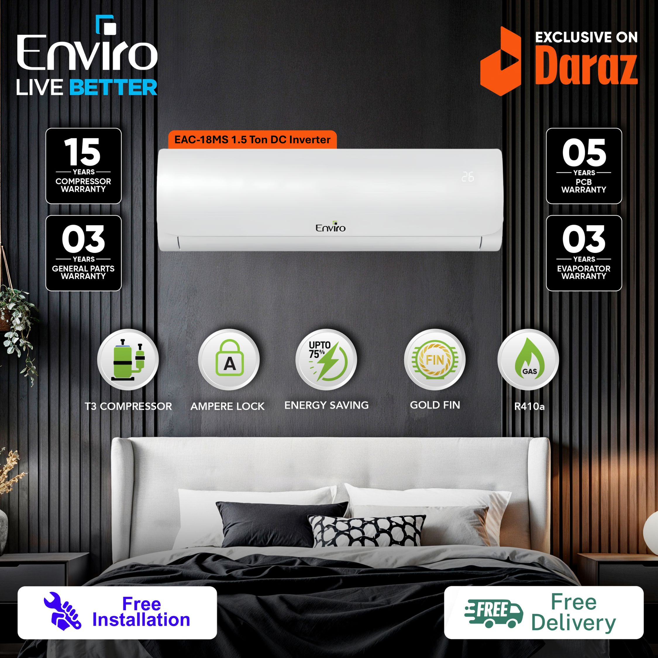 Enviro Marvel Series EAC-18MS H&C 1.5 Ton DC Inverter Air Conditioner, 18,000 BTU, T3 Compressor, Heat & Cool, Up to 75% Energy Saving, 4D Air Throw + EI-178 3-in-1 Juicer Blender Grinder Gift