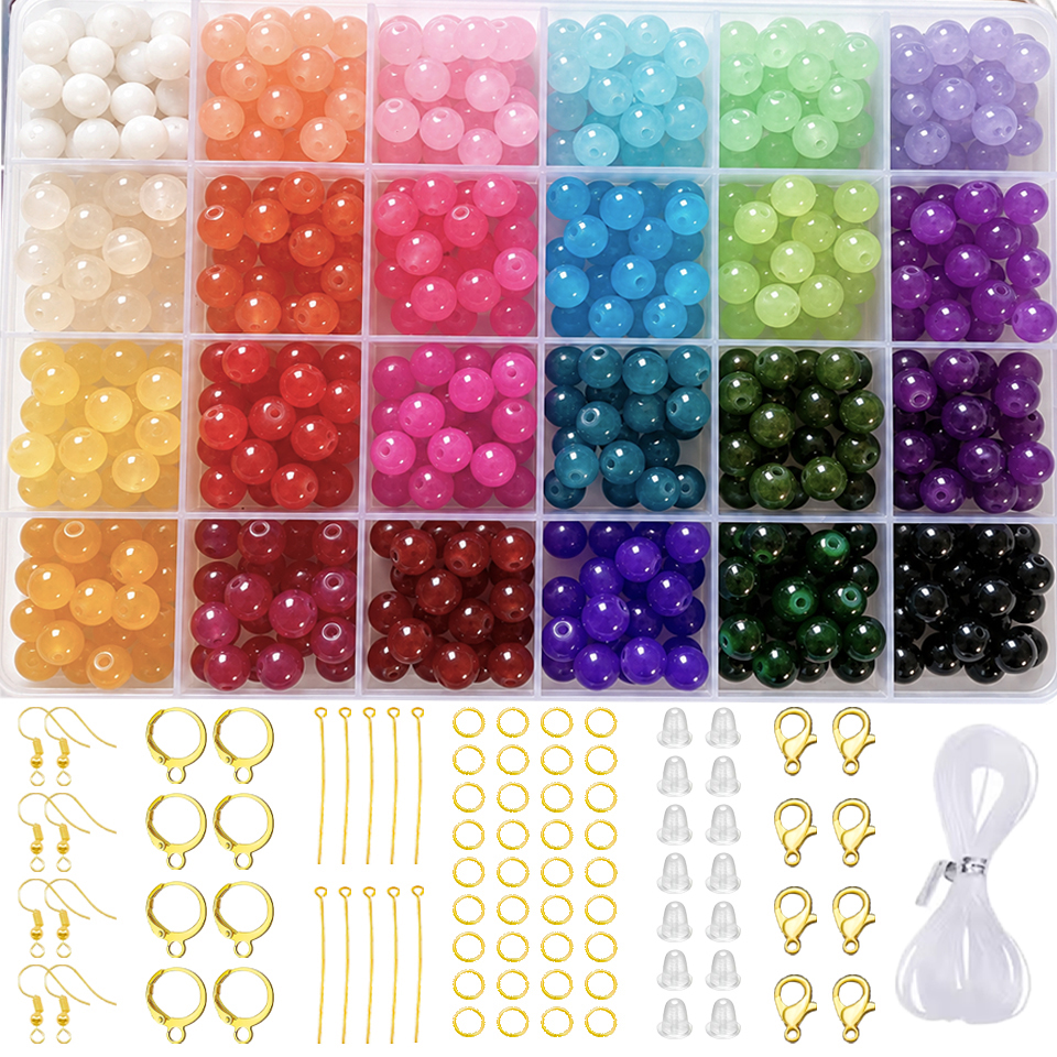 500 PCS 24-Color Glass Beads + 140 PCS DIY Jewelry Making Kit with Gold Earring Hooks, Hoop Bases, Jump Rings, Lobster Clasps, Elastic Cord and DIY Craft Accessories For Bracelet Making Kit Necklace GIrls Gift Eid Wedding